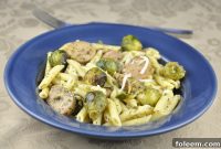 Chicken Sausage Pesto Pasta with Roasted Brussels