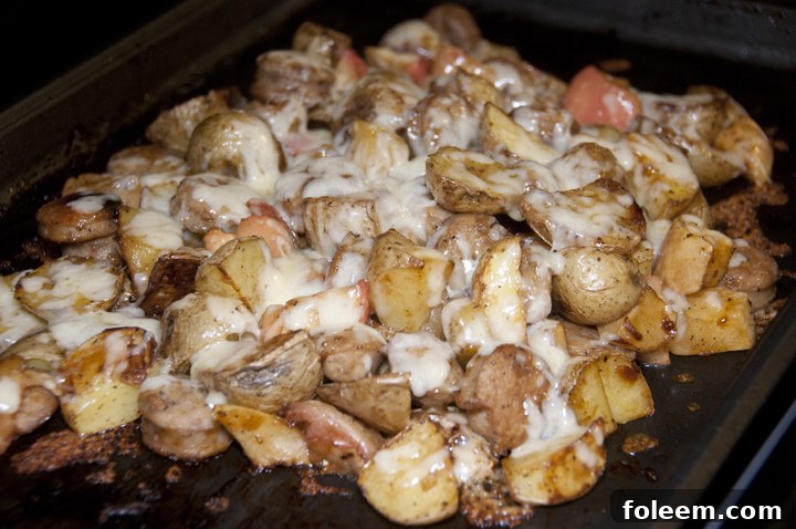 A stunning close-up of the finished Potato, Apple, and Chicken Sausage Bake, generously topped with melted Cabot cheese. This dish promises the perfect combination of textures and flavors for any meal.