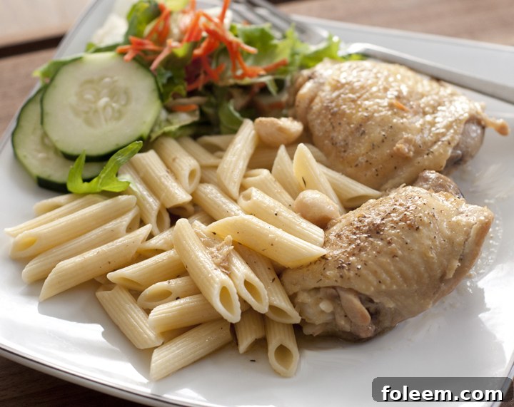 Rustic Chicken recipe with creamy, rich Garlic Gravy: A close-up of the finished dish, ready to serve.