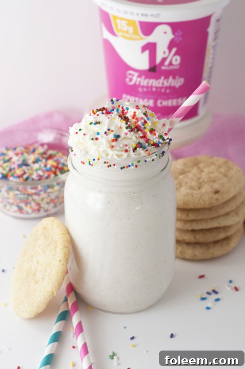 Healthy Frosted Sugar Cookie Protein Smoothie with cottage cheese, perfect for breakfast or a gluten-free snack