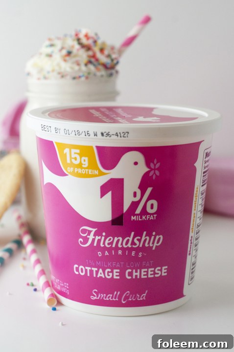 Easy Frosted Sugar Cookie Protein Smoothie recipe with Friendship Dairies cottage cheese, a healthy and gluten-free snack