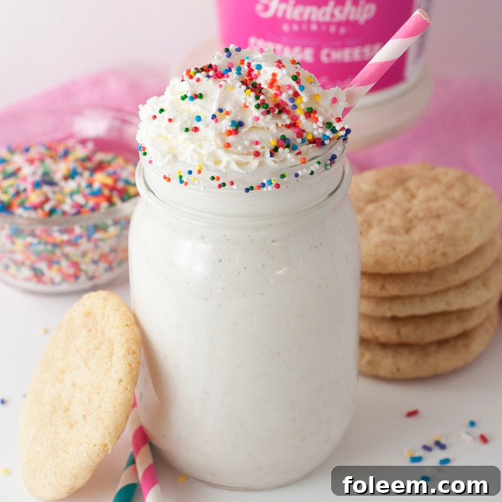 Easy and healthy Frosted Sugar Cookie Protein Smoothie recipe with cottage cheese, perfect for post-workout or breakfast