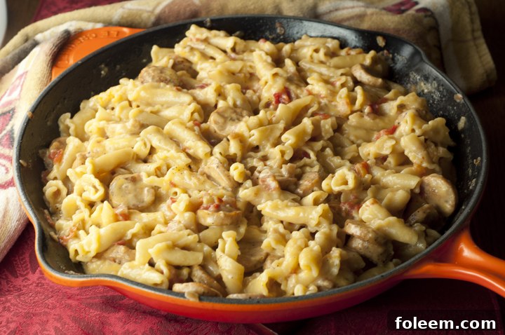 Cheesy Chicken Sausage Pasta Skillet recipe is a one pot meal that the whole family will love and takes less than 30 minutes to cook!