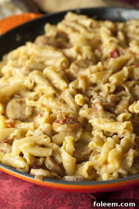 This recipe for Cheesy Chicken Sausage Pasta Skillet is a creamy one pot meal that kids and adults will both love and takes less than a half hour to make!