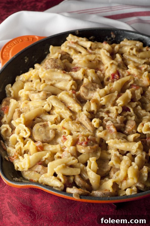 Creamy, Cheesy Chicken Sausage Pasta Skillet is a one pot meal and can be made in just 20 minutes!