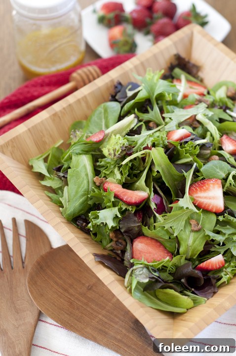 Vibrant Strawberry Arugula Salad with Honey Lime Vinaigrette, showcasing fresh fruit and nuts, perfect for summer gatherings.