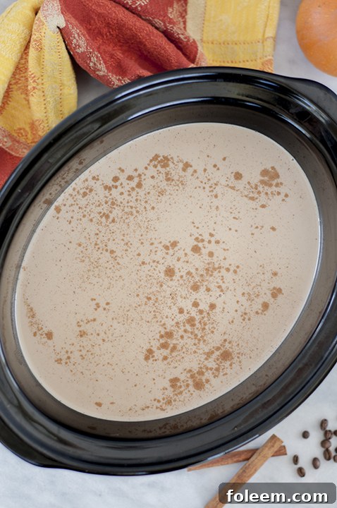 Easy Slow Cooker Pumpkin Spice Lattes are perfect for any fall holiday party including Halloween, Christmas, or Thanksgiving.