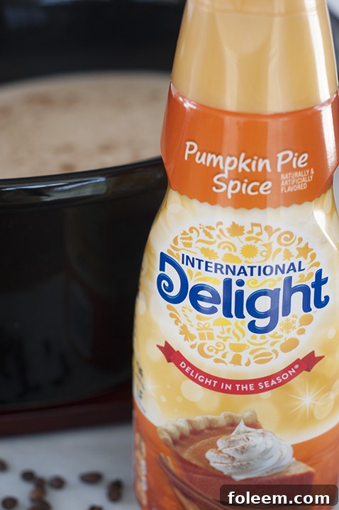 International Delight Pumpkin Pie Spice Creamer is key to this slow cooker latte recipe.