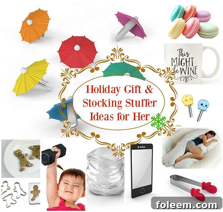 A collection of unique holiday gift and stocking stuffer ideas for her, featuring a mix of practical, fun, and thoughtful items for women.