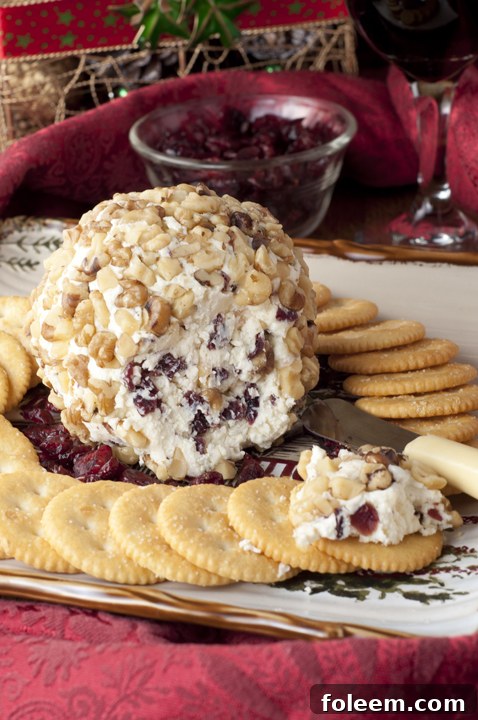 Cranberry Walnut Cheeseball, a perfect holiday appetizer from Wishes & Dishes, adorned with festive colors and textures.