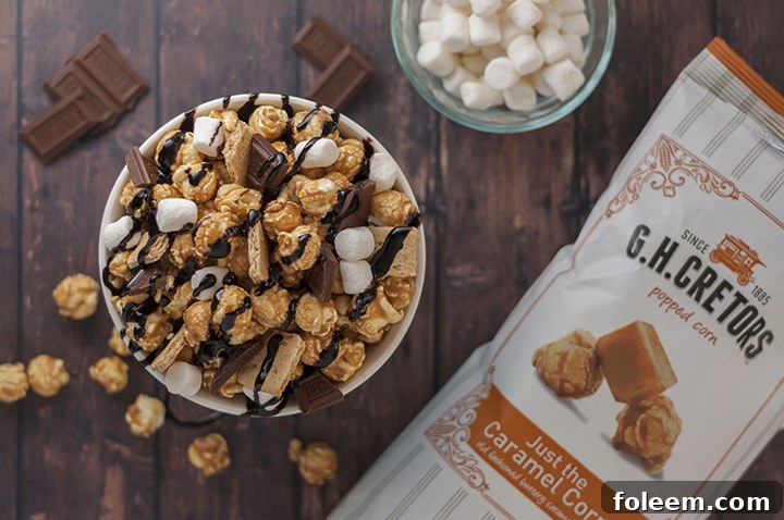 Caramel S'mores Popcorn: A quick and easy movie night or summer snack using G.H. Cretors caramel popcorn, perfect for kids' parties and campfires!