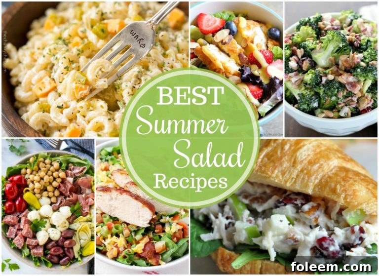 A vibrant display of various summer salads, including pasta, potato, and fruit salads, perfect for grilling, picnics, and potlucks.
