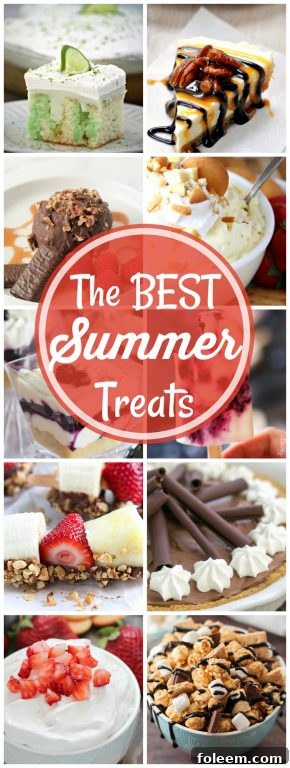 A collage of various vibrant summer desserts, including a Key Lime Poke Cake, Strawberry Cheesecake Dip, Banana Pudding Dip, and Blueberry Maple Mini Cheesecake Parfaits, showcasing delightful options for warm weather.