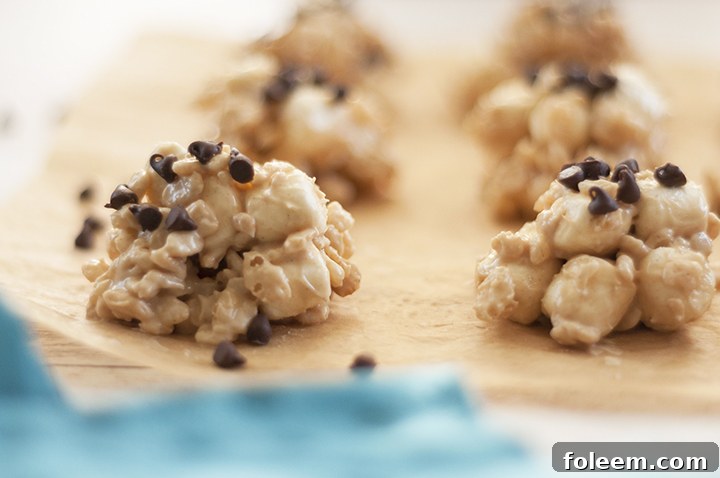 No-Bake Avalanche Cookies are made with Rice Krispies cereal, marshmallows, creamy peanut butter, and white chocolate for the ultimate easy cookie recipe! They make for a great gluten-free holiday dessert!