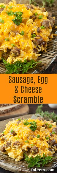 A vibrant image of a perfectly cooked, easy Sausage, Egg, and Cheese Scramble, ready to be enjoyed as a hearty family breakfast or dinner.
