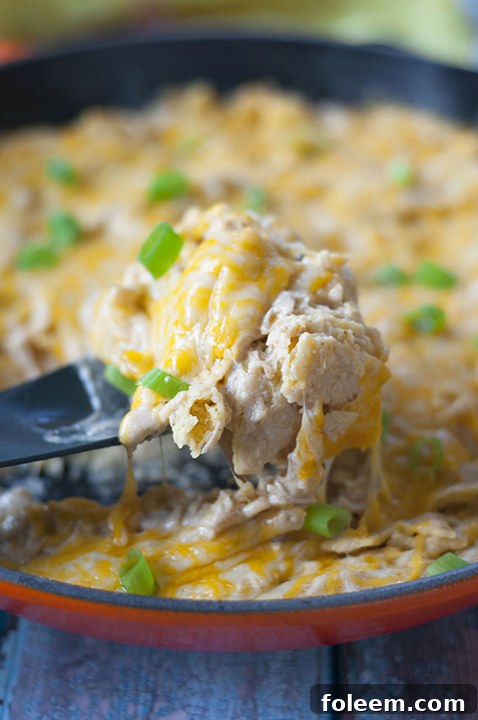 Close-up of bubbling One Skillet Sour Cream Chicken Enchilada, showcasing the rich sauce and tortilla pieces.