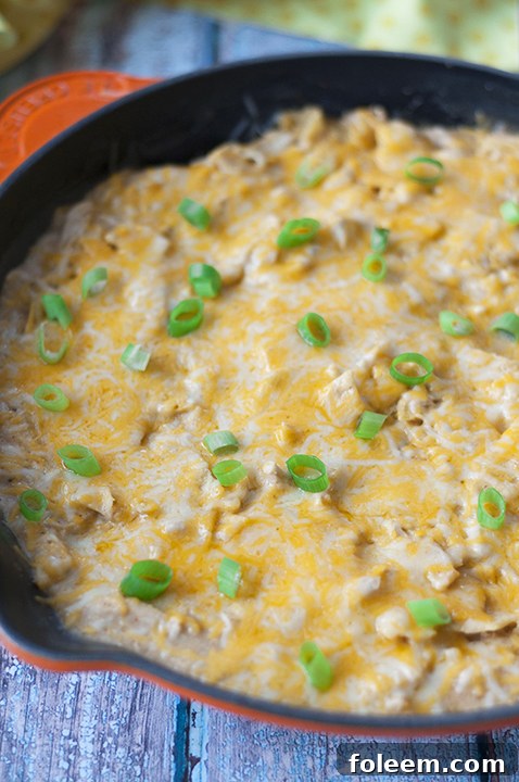 Top-down view of One Pan Sour Cream Chicken Enchilada Skillet, garnished and ready for serving a great weeknight meal.