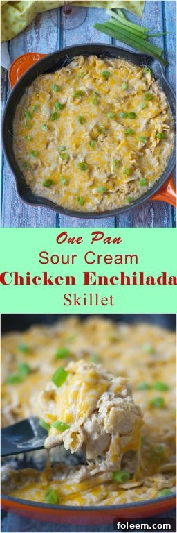 A serving of the One Pan Sour Cream Chicken Enchilada Skillet, showing the rich, cheesy texture.