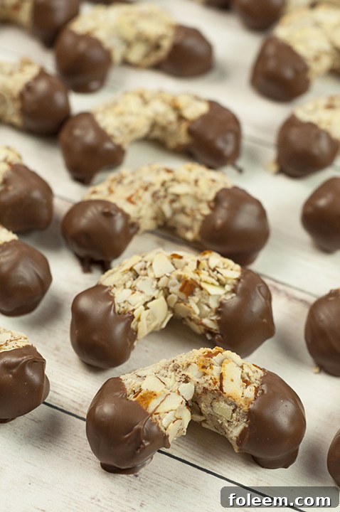 Easy Traditional Italian Chocolate-Dipped Almond Horns recipe - horseshoe-shaped crescent cookies that are moist and chewy on the inside with a crunchy almond texture on the outside, showcasing the delightful chocolate dip.