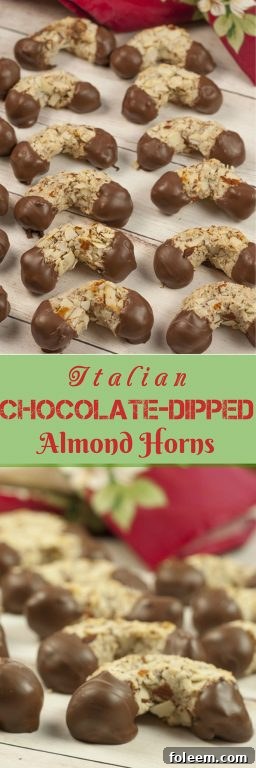 Grandma's Traditional Italian Chocolate-Dipped Almond Horns recipe - horseshoe-shaped crescent cookies that are moist and chewy on the inside with a crunchy almond texture on the outside, ready to be enjoyed.
