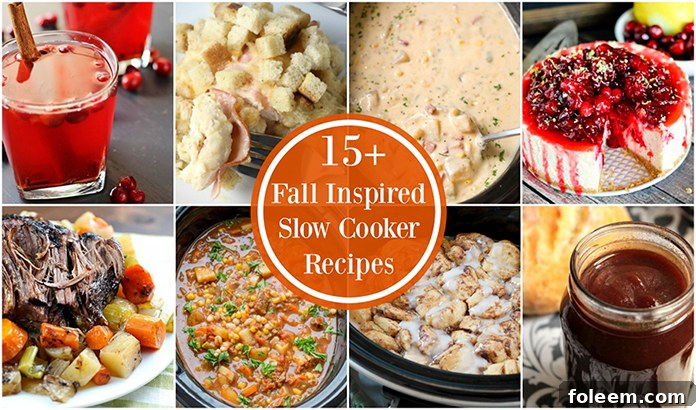 A beautiful autumn spread featuring various slow cooker fall-inspired dishes, perfect for holiday celebrations. Includes main courses, sides, drinks, and desserts.