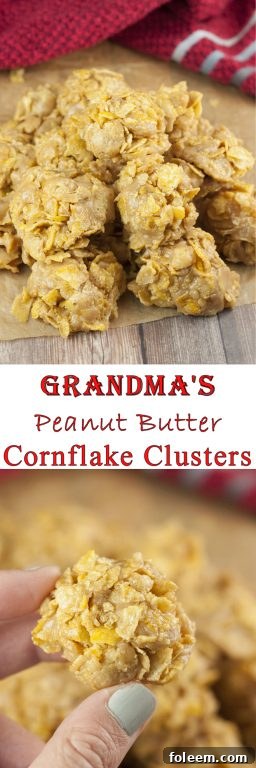 A cluster of five No-Bake Grandma's Peanut Butter Corn Flake Clusters, showing their delightful crunch and perfect for display on a holiday dessert table.