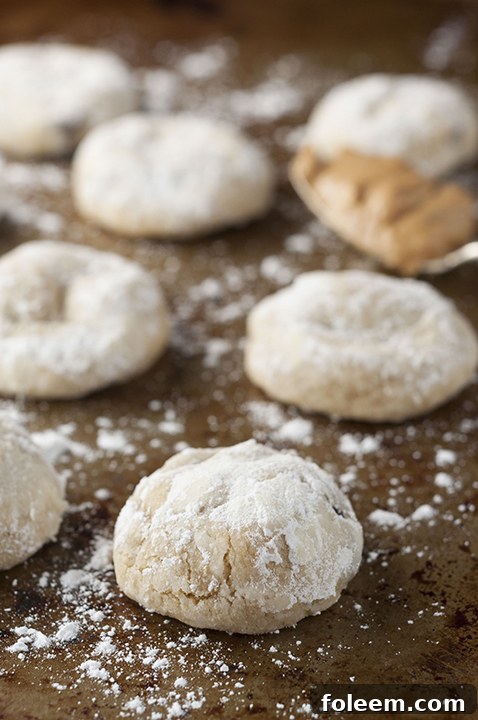 Close-up of freshly baked Peanut Butter Chocolate Soft & Chewy Crinkle Cookies on a cooling rack, showcasing their distinctive powdered sugar crinkles.