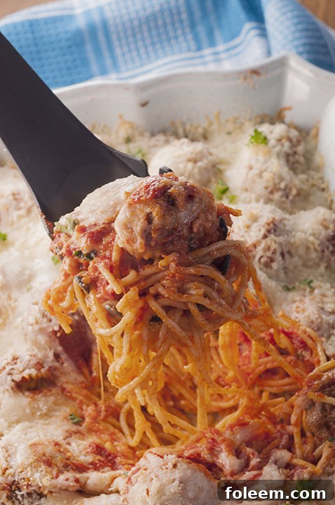 Another perspective of the Italian Baked Spaghetti and Meatballs Casserole, ready to be served for dinner.