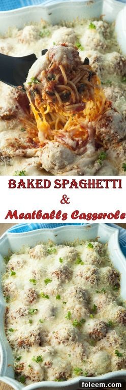 A close-up shot of the finished Italian Baked Spaghetti and Meatballs Casserole, showcasing its rich texture.