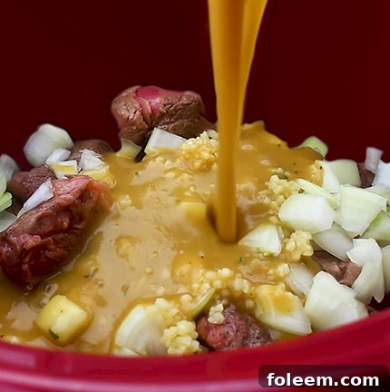 Adding all the fresh ingredients, including quality Moyer beef, into the slow cooker for the Beef Tips and Gravy recipe.