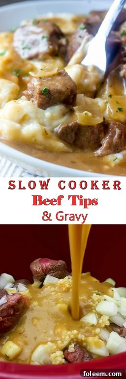 Delicious Slow Cooker Beef Tips and Gravy, a perfect hearty meal or appetizer, ready to serve over pasta, potatoes, or rice.