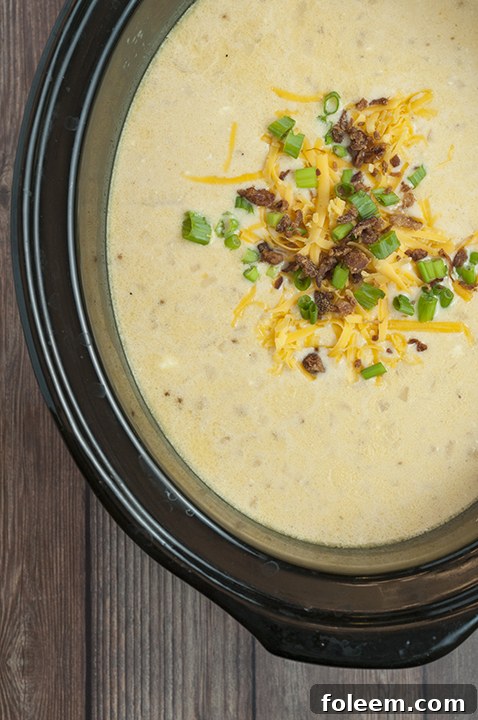 Close-up of creamy Crock Pot Loaded Bacon Baked Potato Soup with toppings.