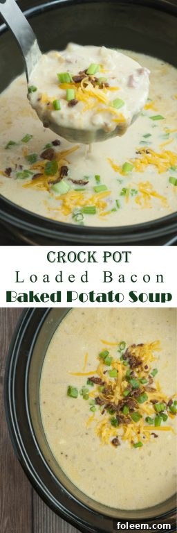Delicious Crock Pot Loaded Bacon Baked Potato Soup with fresh green onions and sour cream.