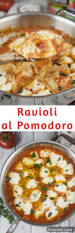 A beautifully presented serving of Ravioli al Pomodoro in a pristine white bowl, garnished with vibrant fresh oregano. The creamy sauce, tender ravioli, and perfectly melted mozzarella make for an inviting and satisfying Italian dinner.