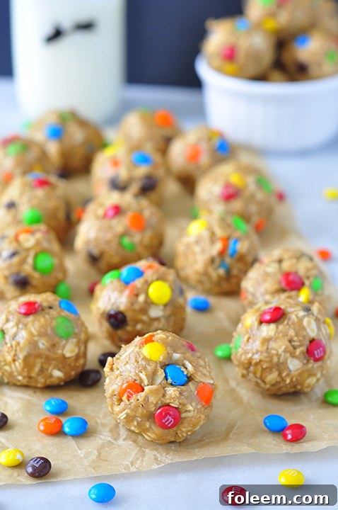 Delicious No-Bake Monster Cookie Dough Energy Bites, a healthy and gluten-free snack or dessert.