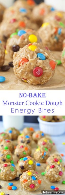 Stacked No-Bake Monster Cookie Dough Energy Bites, a healthy gluten-free snack.