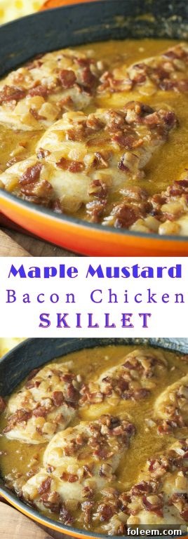 Overhead shot of Maple Mustard Bacon Chicken Skillet, showing the full skillet contents, ready to be served, with a focus on the rich sauce and perfectly cooked chicken.
