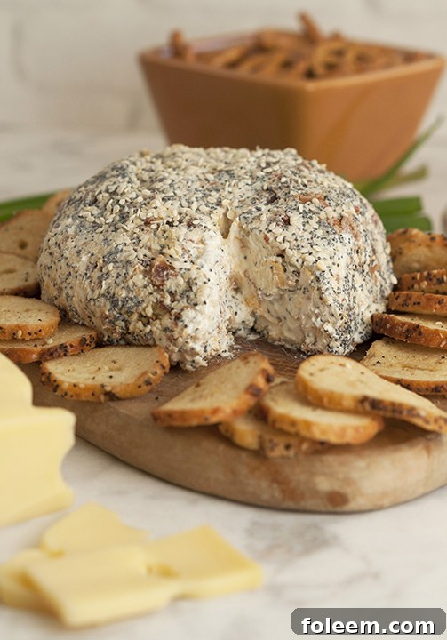 Savory Everything Bagel Cheese Ball with varied dippers, a perfect easy brunch or party appetizer.