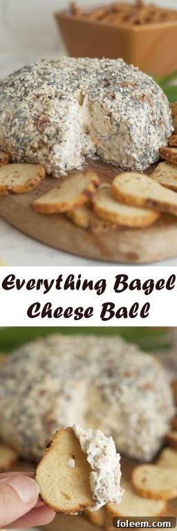 Festive Everything Bagel Cheese Ball appetizer, served with dippers, perfect for holidays and special events.