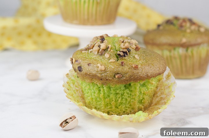 Easy, moist Green Walnut Pistachio Muffins recipe that is great for St. Paddy's day breakfast, dessert, or Easter breakfast and brunch idea! You'll love that special crunch from the nuts on top!