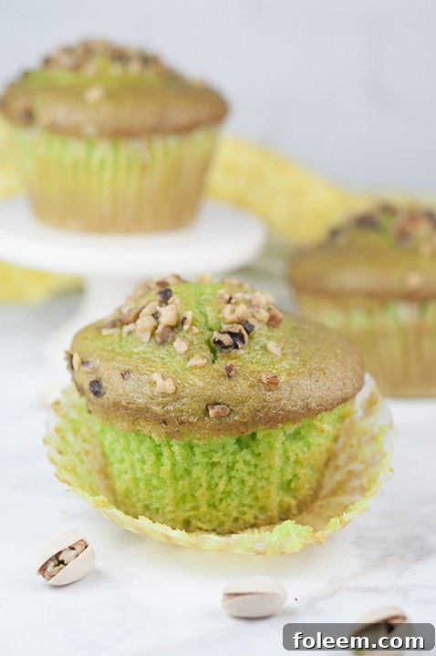 Easy, moist Green Walnut Pistachio Muffins recipe that is fitting for St. Patrick's day breakfast, dessert, or Easter brunch idea! You'll love that special crunch from the walnuts on top!