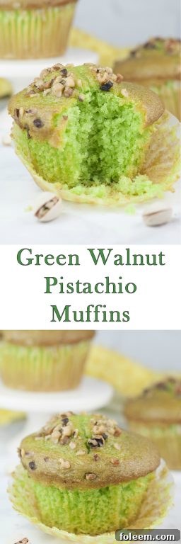 Easy, moist Green Walnut Pistachio Muffins recipe that is fitting for St. Patrick's day breakfast, dessert, or Easter brunch idea! You'll love that special crunch from the toasted nuts on top!