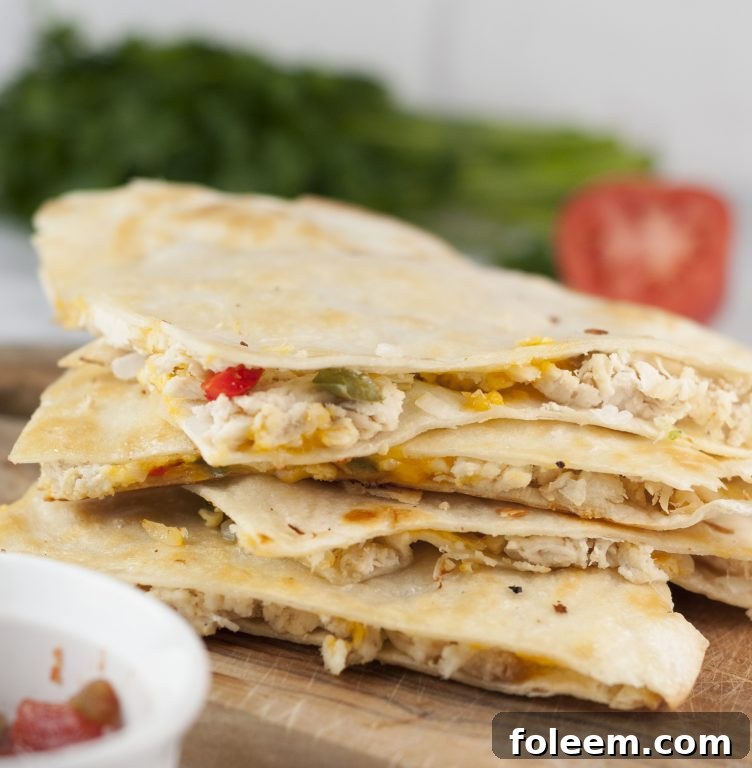 Delicious and easy Chicken Fajita Quesadillas with melted cheese and savory filling.