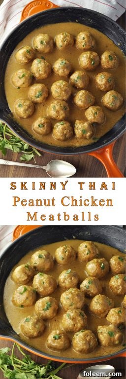 Easy Skinny Thai Peanut Chicken Meatballs dinner recipe served over Jasmine rice smothered in a sweet, and a bit spicy, coconut peanut butter sauce that you will want to just eat with a spoon! This is a dinner idea I make regularly and you'll see why.