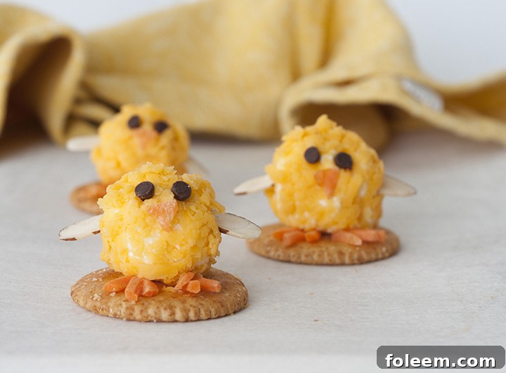 Baby Chick Bacon Mini Cheese Balls, an easy and festive snack idea for Easter celebrations with family and friends.