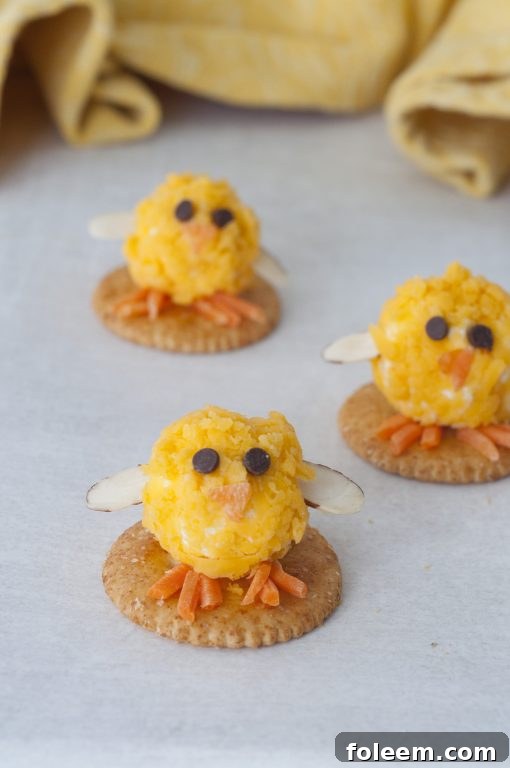 Baby Chick Mini Cheese Balls recipe with bacon and cheddar, a delightful and easy appetizer idea for an Easter holiday table.
