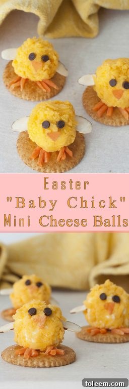 Easter Baby Chick Mini Cheese Balls with bacon and cheddar, a charming and simple holiday appetizer for kids and adults alike.