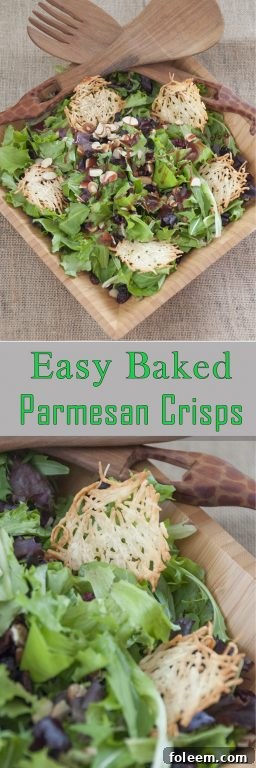Several golden Baked Parmesan Crisps arranged on a marble surface next to fresh ingredients like basil, ready to be served.