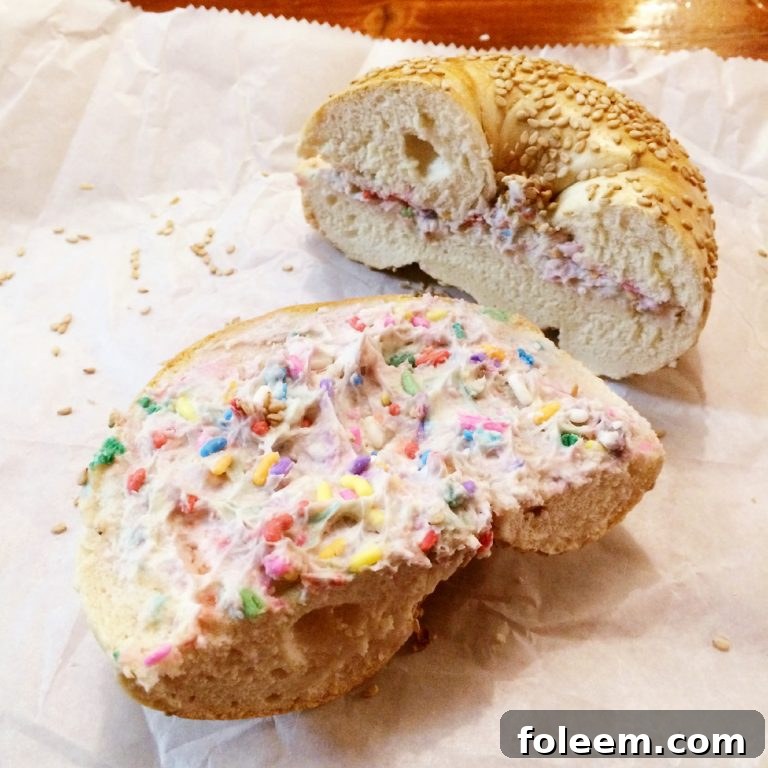 Tompkins Square Bagels with birthday cake cream cheese in Manhattan, NYC, a unique New York bagel experience.