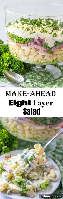 Close up of the creamy dressing on the make-ahead eight layer salad.